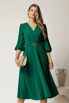 Rochie midi verde din triplu voal cu pliuri la bust si curea in talie imagine