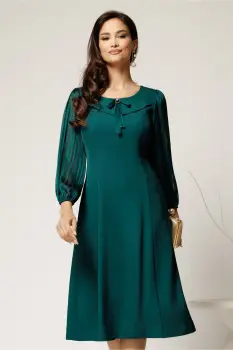Rochie midi verde din triplui voal cu maneci si insertii din fir lurex si satin imagine