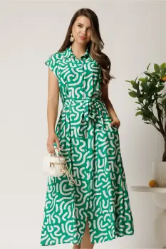 Rochie midi verde din viscoza cu imprimeu alb si cordon imagine