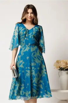 Rochie midi verde din voal cu imprimeu turcoaz si maneci vaporoase- Viada imagine