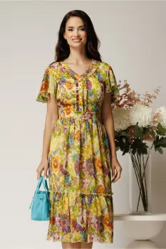 Rochie midi verde din voal cu imprimeuri mov in clos cu volanase imagine