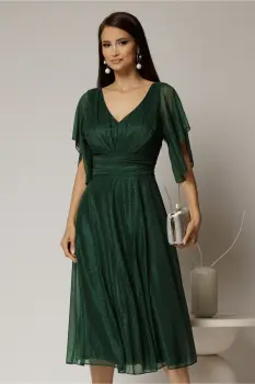 Rochie midi verde din voal cu sclipici si decolteu in V imagine