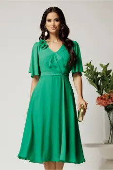 Rochie midi verde din voal in clos cu flori la decolteu- Viada imagine