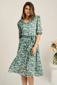 Rochie midi verde din voal in clos cu flori roz piersica si cordon in talie imagine