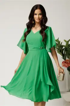 Rochie midi verde din voal in clos cu glitter si accesoriu in talie- Viada imagine