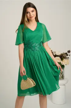 Rochie midi verde din voal in clos cu glitter si broderie in talie imagine