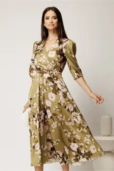 Rochie midi verde din voal satinat cu imprimeu floral imagine