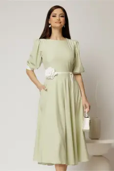 Rochie midi verde fistic cu buline si cordon detasabil in talie imagine