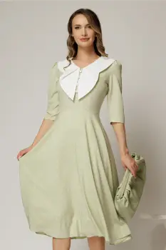 Rochie midi verde fistic cu buline si guler amplu croi clos imagine
