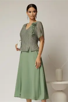 Rochie midi verde fistic cu bustul din lurex si decolteu in V imagine