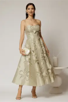 Rochie midi verde fistic de ocazie cu decupaje florale si perle imagine