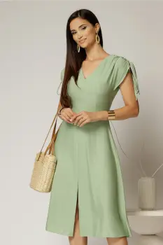 Rochie midi verde fistic din viscoza cu decolteu V si snur la maneci imagine