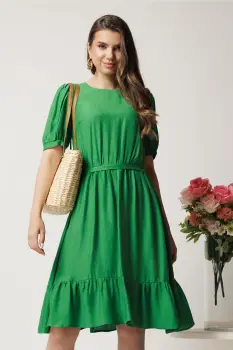 Rochie midi verde in clos din viscoza cu volan la baza- Moze imagine