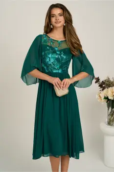 Rochie midi verde in clos din voal cu dantela florala la bust imagine