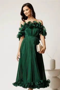 Rochie midi verde in clos din voal satinat cu volanase la bust si la baza imagine