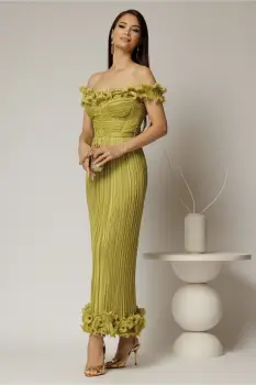 Rochie midi verde lime de ocazie cu bust tip corset si fusta plisata imagine