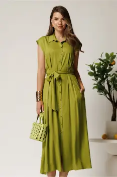 Rochie midi verde lime din viscoza cu nasturi si cordon imagine