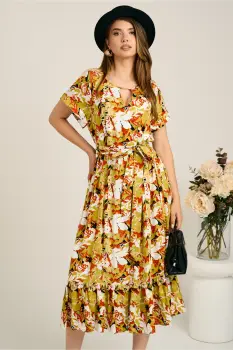 Rochie midi verde lime din viscoza in clos cu imprimeu maro si cordon in talie imagine