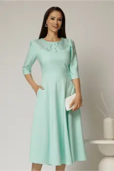 Rochie midi verde menta de ocazie cu nasturi pe bust si guler cu broderie si margele imagine