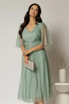 Rochie midi verde menta de ocazie din matase sintetica creponata imagine