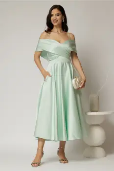 Rochie midi verde menta din tafta de ocazie cu umeri goi imagine