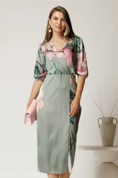 Rochie midi verde mint conica din satin cu imprimeuri floral roz imagine