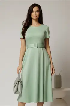 Rochie midi verde mint cu maneca scurta si curea in talie cu adaos de viscoza imagine