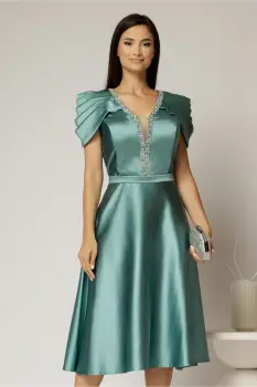 Rochie midi verde mint din tafta cu aplicatii la decolteu si pliuri la maneci imagine
