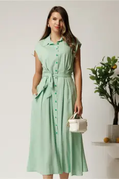 Rochie midi verde mint din viscoza cu nasturi si cordon imagine