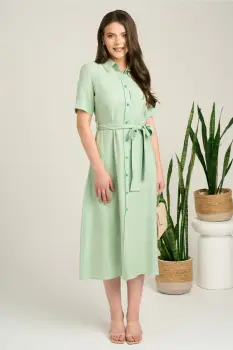 Rochie midi verde mint din viscoza in clos cu aspect sidefat si cordon in talie imagine