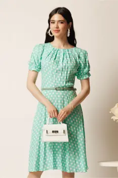 Rochie midi verde mint din viscoza in clos cu buline si curea in talie imagine