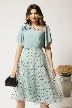Rochie midi verde mint din voal in clos cu buline catifelate si floare pe bust- Viada imagine