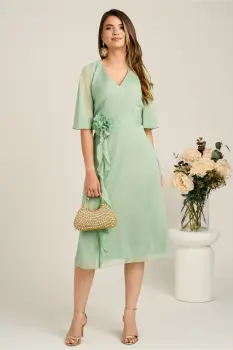 Rochie midi verde mint din voal in clos cu insertii din fir lurex si floare in talie-Viada imagine