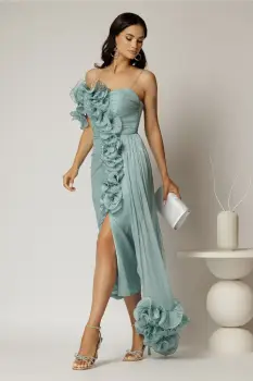 Rochie midi verde mint din voal peliculizat cu croi conic si volanase imagine