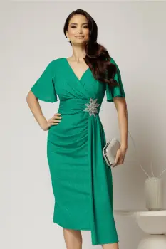 Rochie midi verde mulata cu decolteu petrecut si accesoriu in talie imagine
