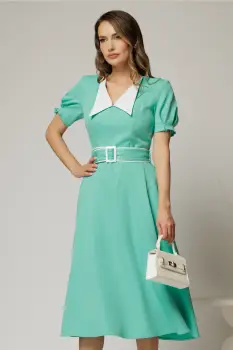 Rochie midi verde turcoaz cu guler alb in contrast si cordon cu insertii imagine
