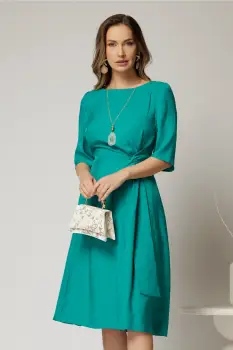 Rochie midi verde turcoaz de zi cu nod pe talie imagine