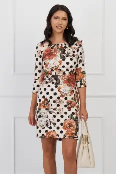 Rochie Mirela bej cu flori maro si curea in talie imagine