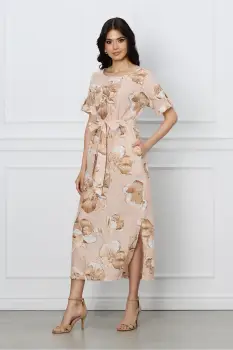 Rochie Morena bej cu imprimeuri florale si cordon in talie imagine
