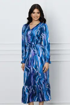 Rochie Moze albastra cu imprimeuri si nasturi decorativi pe bust imagine