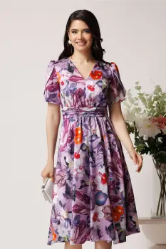 Rochie Moze din satin lila cu imprimeu floral imagine