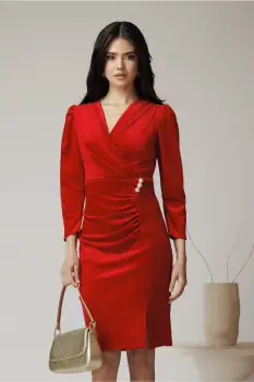 Rochie Moze eleganta din catifea rosie cu perle in talie imagine