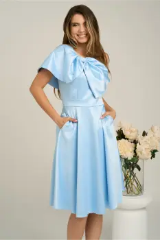 Rochie Moze eleganta din satin bleu cu funda la bust si bretea cu perle imagine