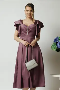Rochie Moze eleganta din satin mov cu accesoriu la bust imagine