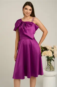 Rochie Moze eleganta din satin mov cu funda la bust si bretea cu perle imagine