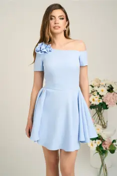 Rochie Moze eleganta din stofa bleu cu floare pe bust si umar gol imagine