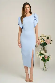 Rochie Moze eleganta din stofa bleu cu maneci bufante imagine