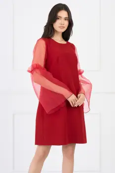 Rochie Moze eleganta din stofa rosie cu maneci clopot din organza imagine