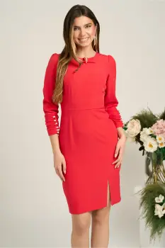 Rochie Moze eleganta din stofa rosu zmeura cu perle la maneci imagine