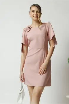 Rochie Moze eleganta din stofa roz prafuit cu incretitura pe umar imagine
